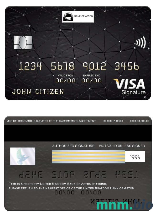United Kingdom Bank of Aston visa podpis karta przykład w formacie PSD